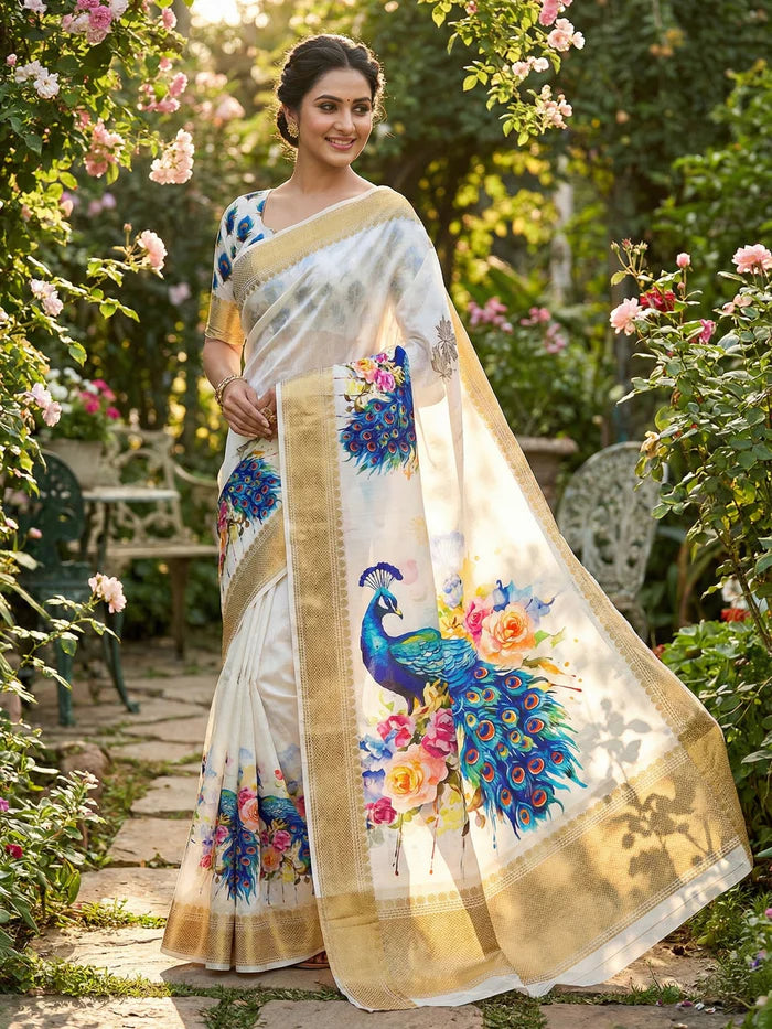 Blue Floral Printed Dola Silk Saree With Woven Broder