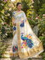 Blue Floral Printed Dola Silk Saree With Woven Broder