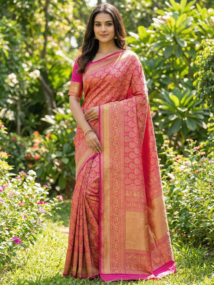 Rani Pink Floral Woven Lichi Banarasi Silk