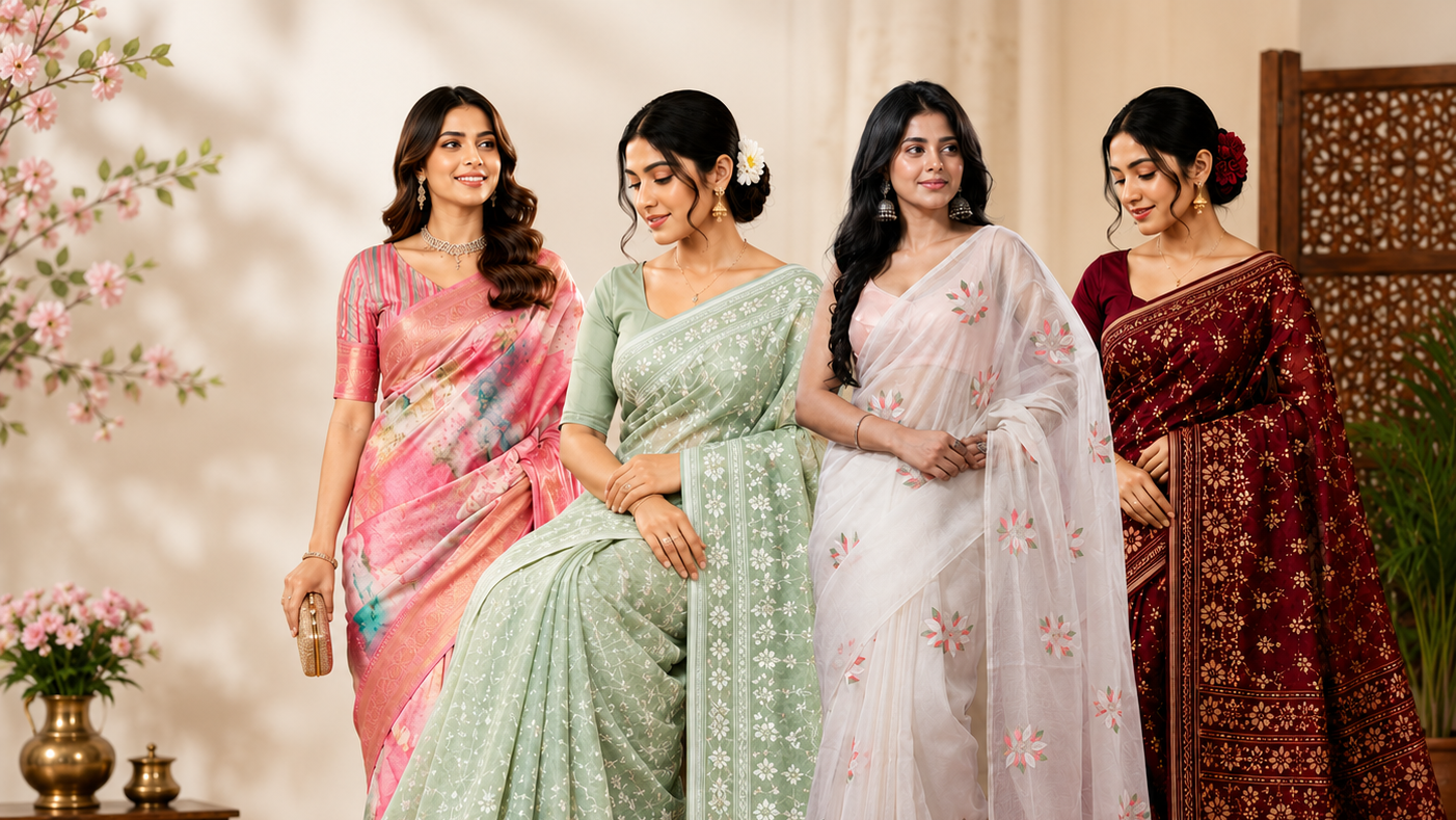 Four women modeling traditional Indian sarees in a beautifully decorated indoor setting. The sarees include a pink floral print, a sage green saree with white embroidery, a white sheer saree with pink floral prints, and a deep maroon saree with gold embroidery.