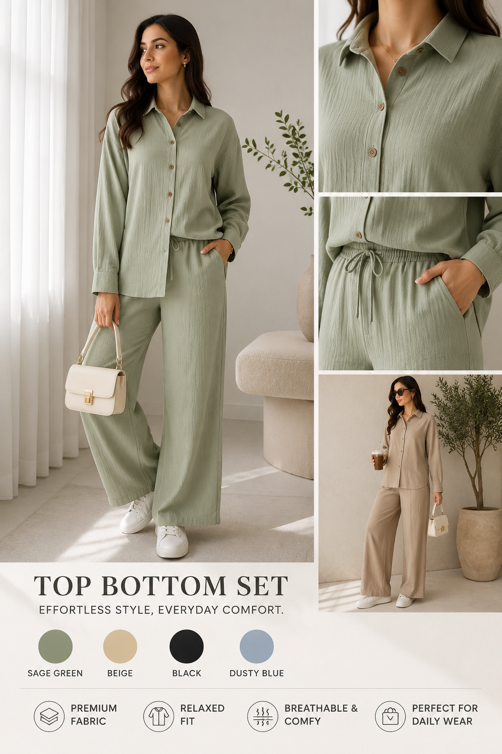 Women's Relaxed Fit Two Piece Top & Wide Leg Pants Set Main image
