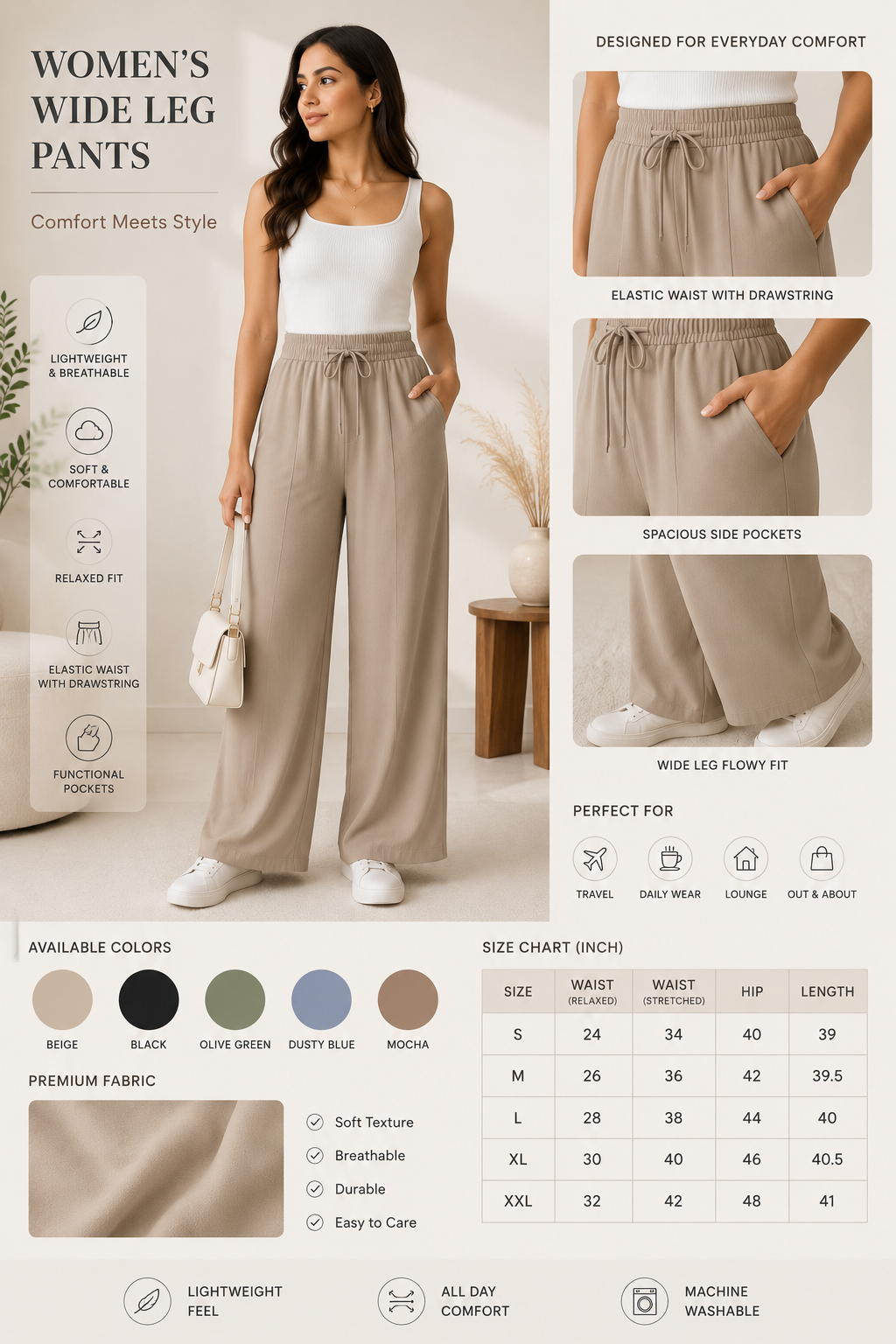 Women's High Waist Wide Leg Pants with Drawstring Main image