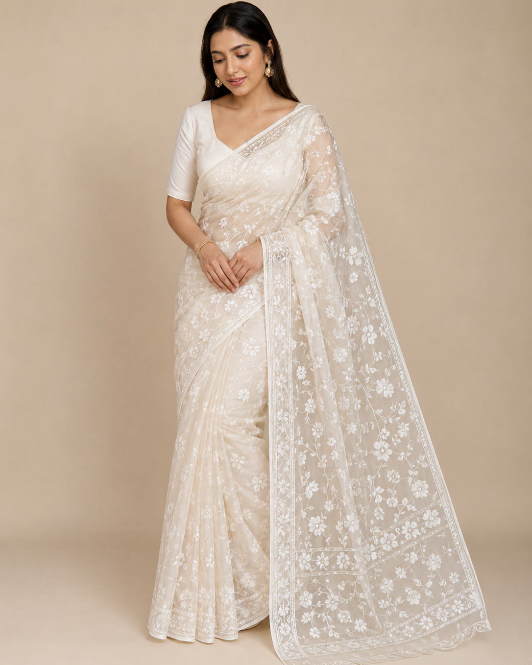 Elegant White Floral Embroidered Muslin Saree for Women Main image