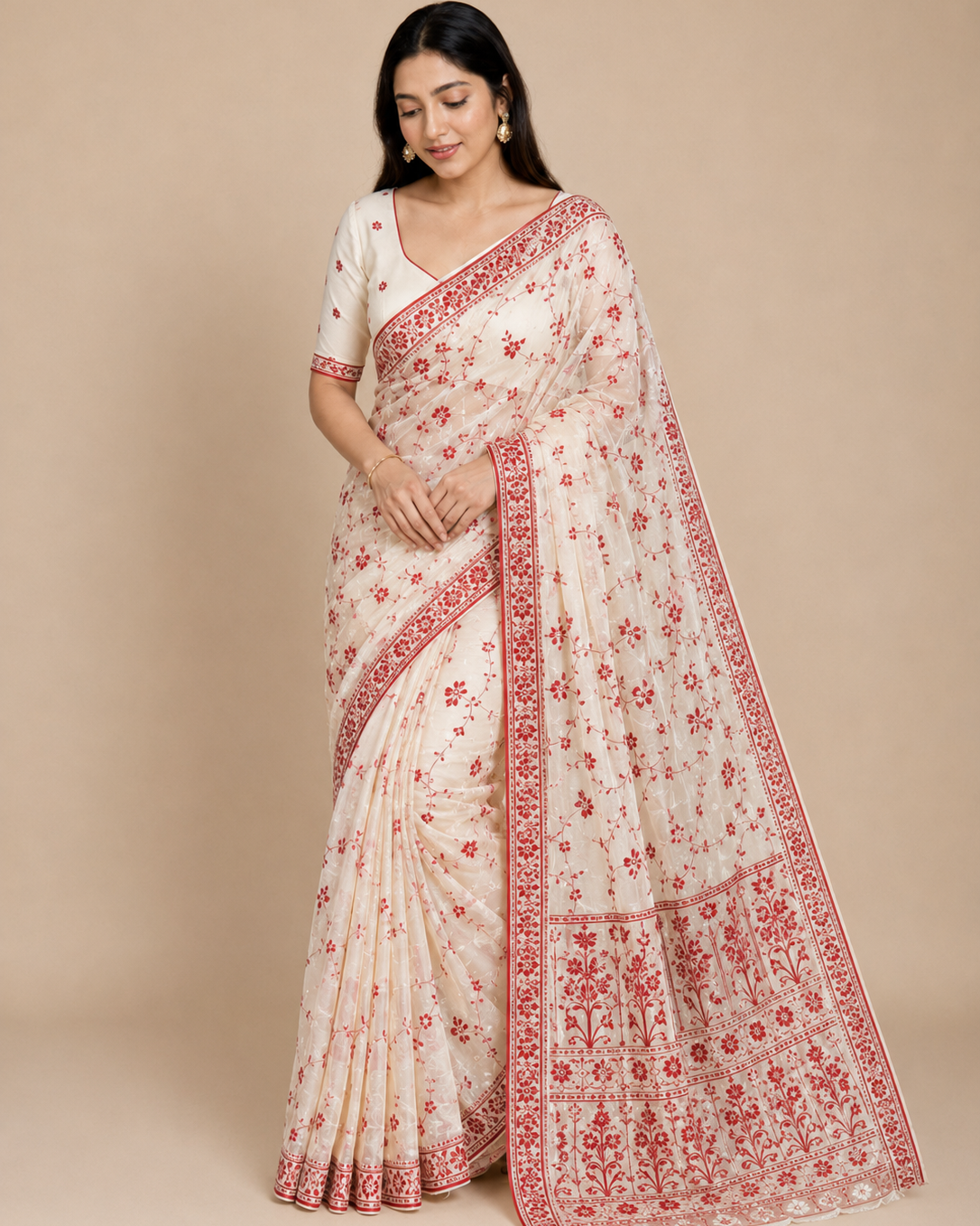 Premium White & Red Floral Jamdani Saree for Women Main image