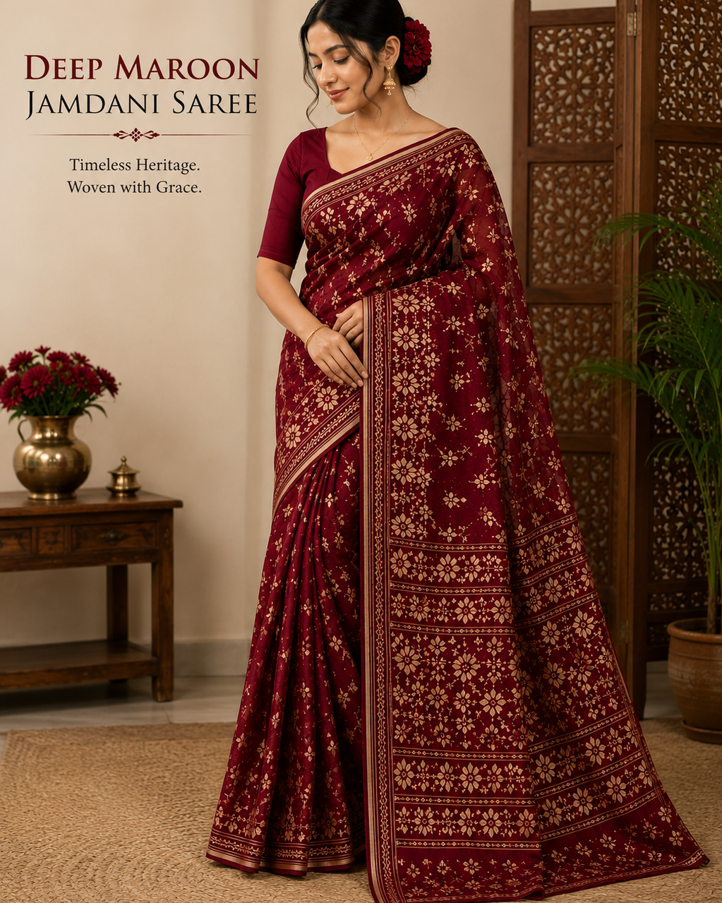 A woman models a deep maroon jamdani saree with intricate gold floral patterns, standing in a styled indoor setting with a wooden screen, potted plant, and a side table. Main image