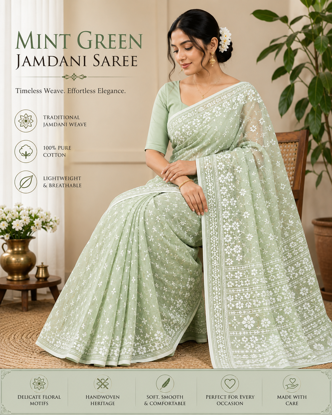 Premium Mint Green Floral Jamdani Saree for Women Main image