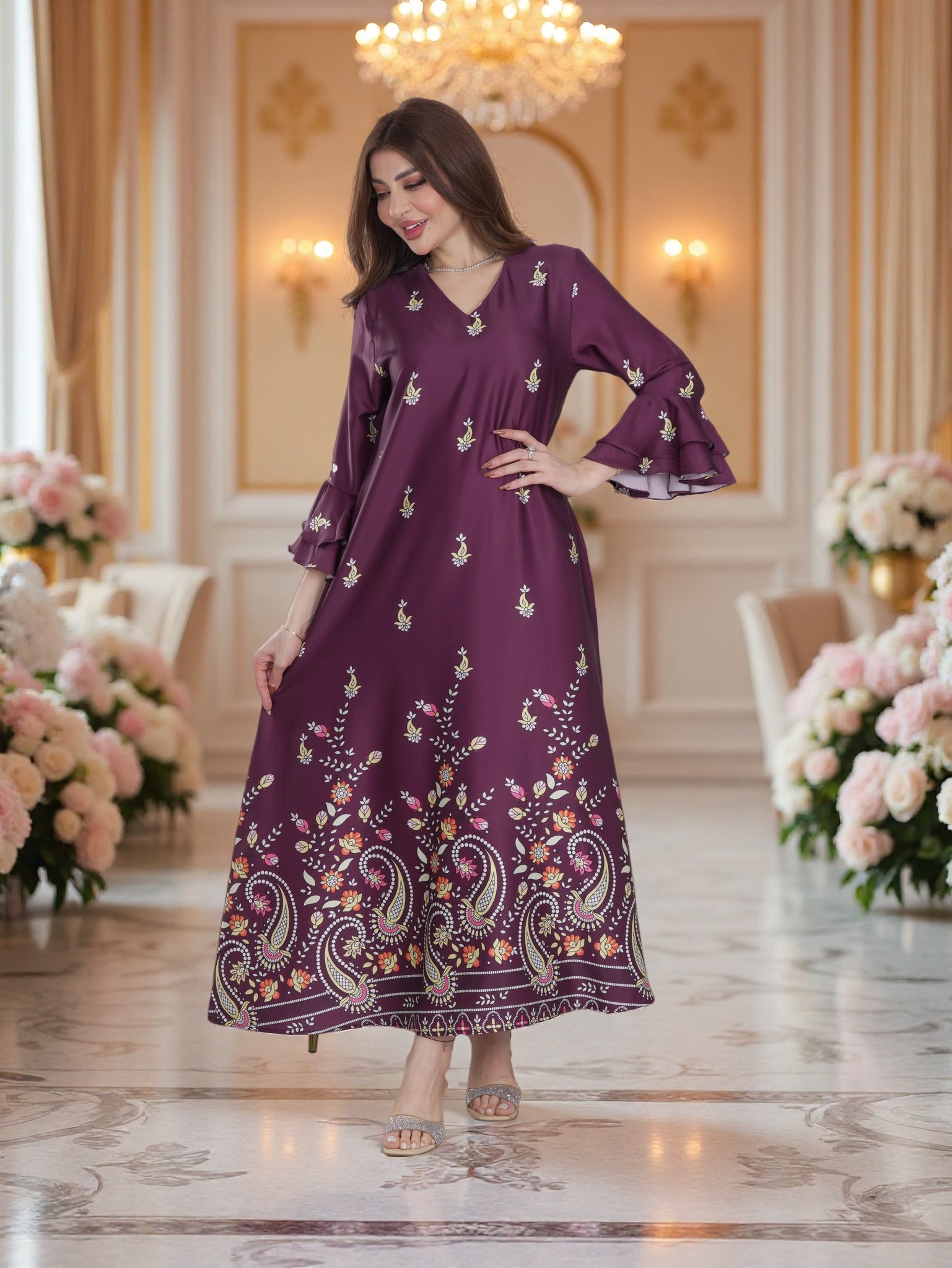 Plum Floral Printed Dress with Flared Sleeves – Elegant Everyday Wear