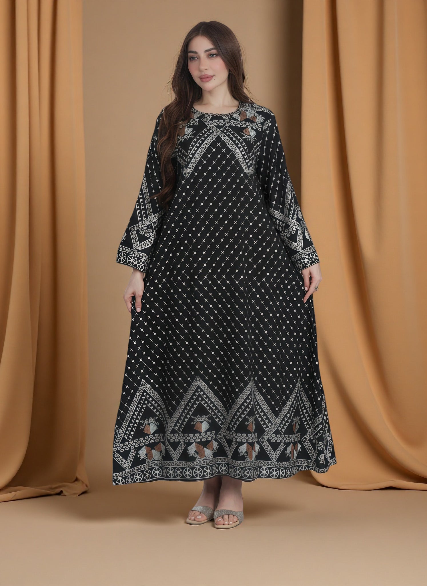 Elegant Black Printed Maxi Dress for Women – Long Sleeve Modest Wear with Geometric & Ethnic Pattern Main image