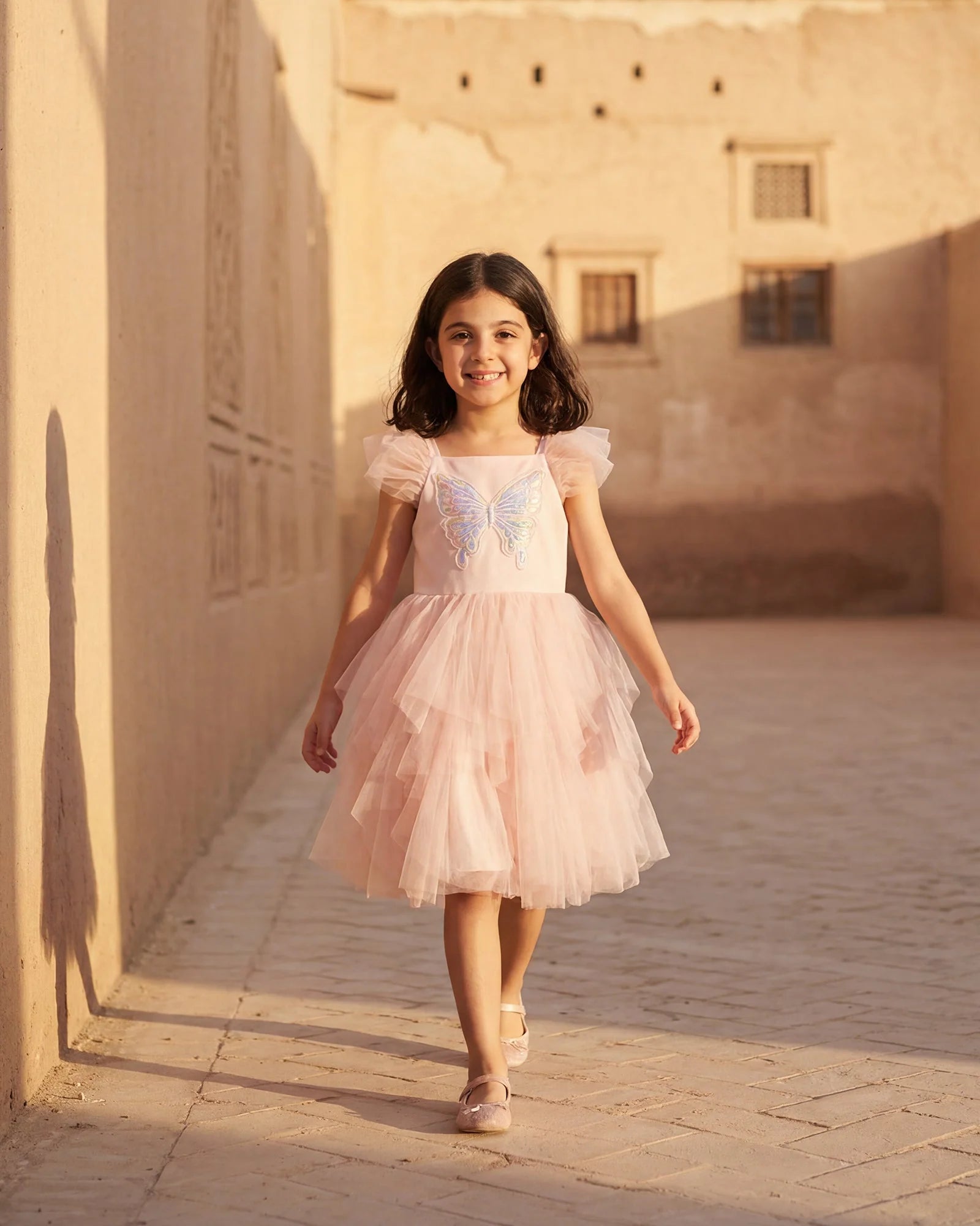 Girls Butterfly Patch Ruffle Dress