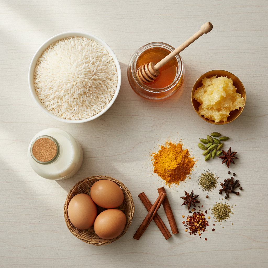 create a image 1080*1080 with  fiver rice milk egg honey ghee spices  