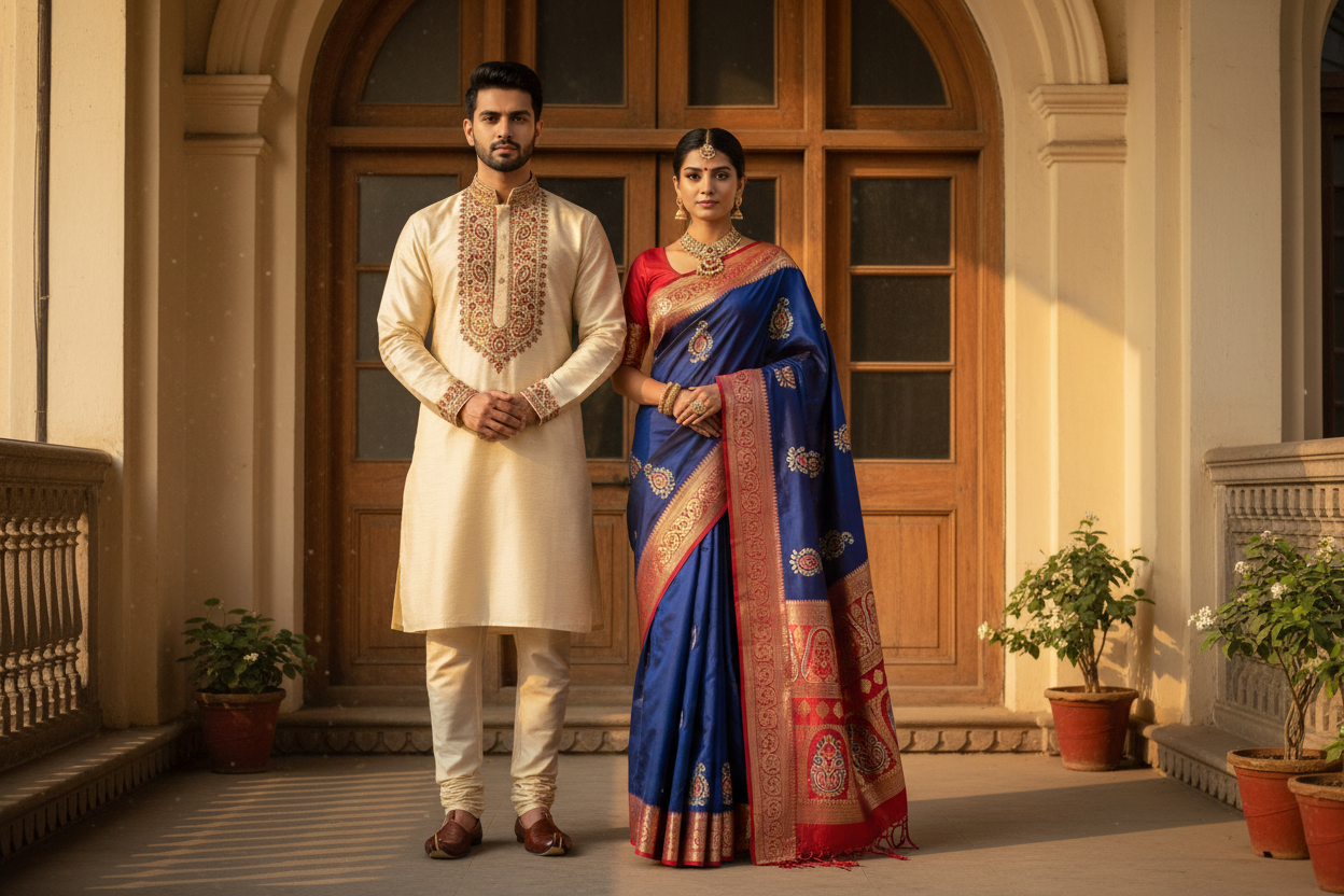 create a image with men and women  for Bengali fashion clothing's