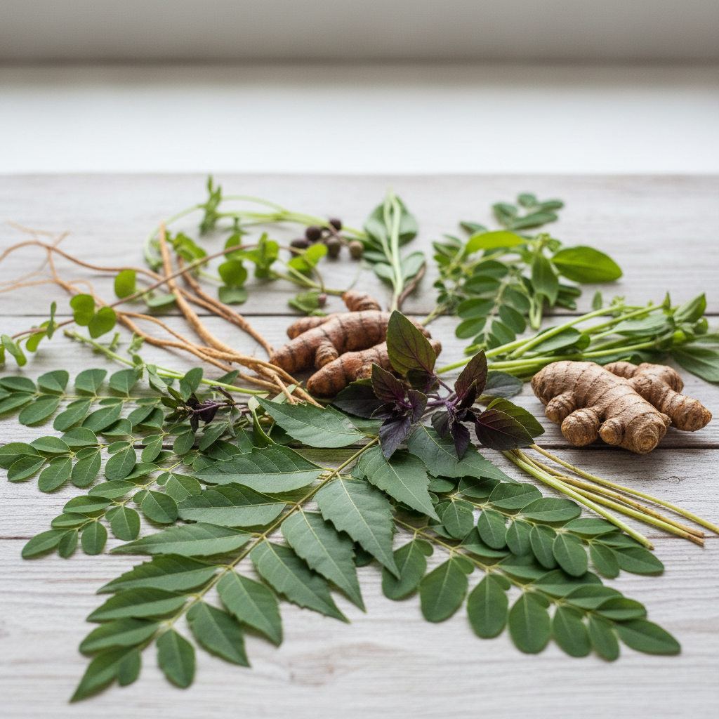 create a image withe neem moringa tulshi and other herb 
size 1080*1080