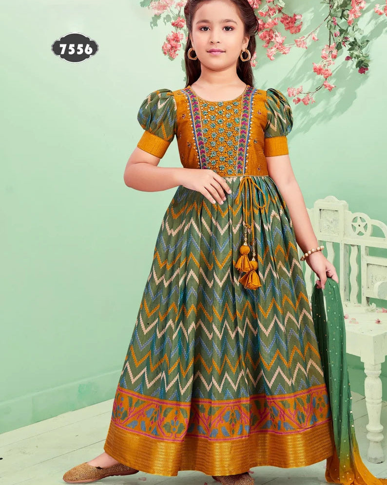 Tropical Print Linen Fit & Flare Girls Dress